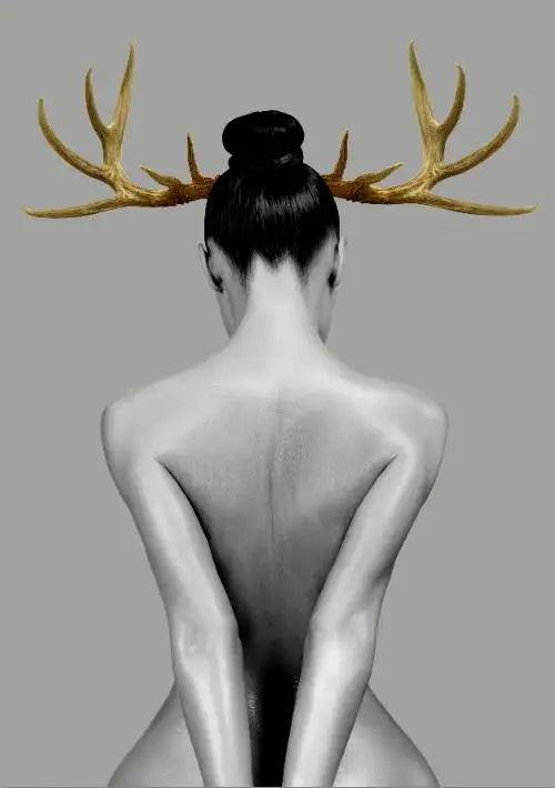 Black White Golden Antlered Girl Wall Art Canvas Prints For Modern Living Room Bedroom Studio Home Decor