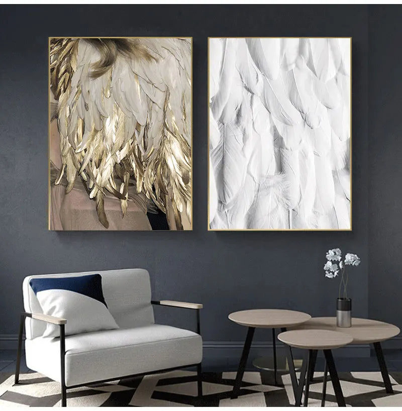 Black White Golden Feather Wall Art Canvas Prints Fashion Pictures For Living Room Bedroom Hotel Art Decor