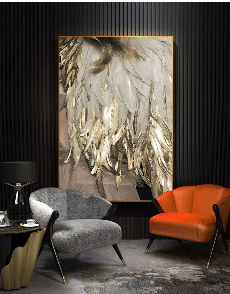 Black White Golden Feather Wall Art Canvas Prints Fashion Pictures For Living Room Bedroom Hotel Art Decor