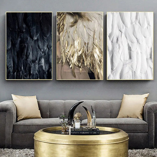 Black White Golden Feather Wall Art Canvas Prints Fashion Pictures For Living Room Bedroom Hotel Art Decor