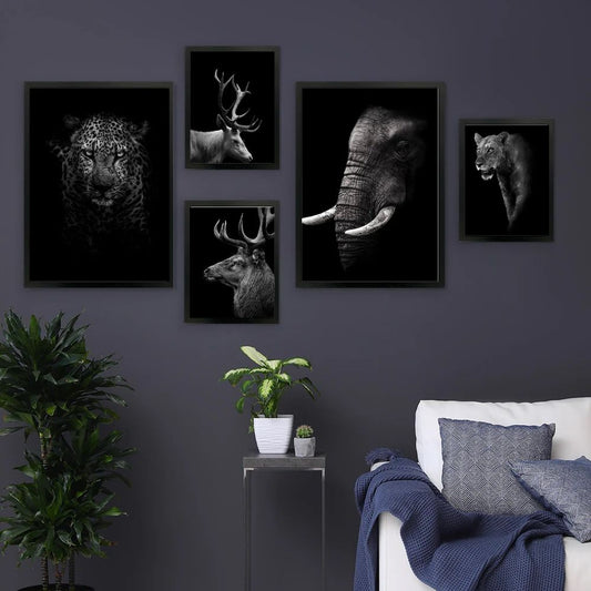 Black and White Animals Canvas Prints Wall Art Lion Elk Jaguar Elephant Wilderness Posters Gallery Wall Art Set Of 5 Posters For Modern Living Room Home Decor