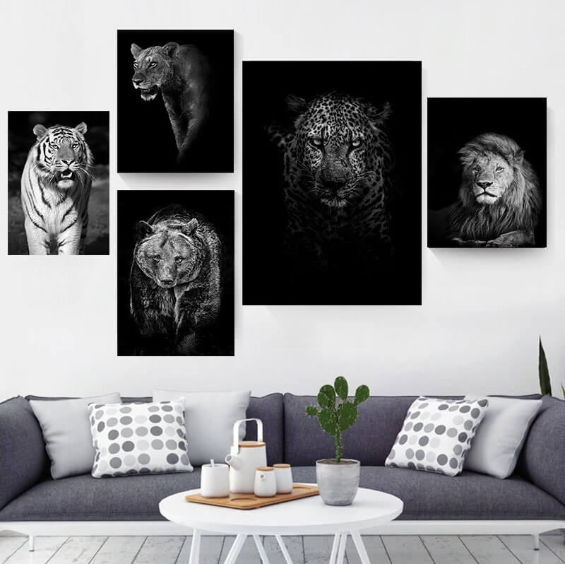 Black and White Animals Photo Canvas Prints Nordic Minimalist Wall Art Lion Tiger Elk Jaguar Wilderness Posters For Modern Living Room Bedroom Décor