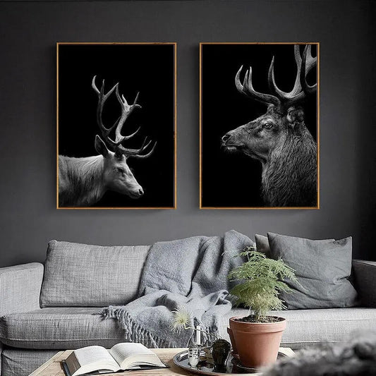Black and White Animals Photo Canvas Prints Nordic Minimalist Wall Art Lion Tiger Elk Jaguar Wilderness Posters For Modern Living Room Bedroom Décor