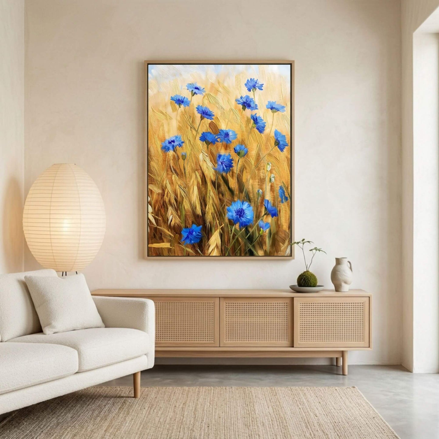 Blue Cornflower Wheat Field Framed Wall Art Canvas Print – Rustic Summer Meadow Floral Artwork for Farmhouse