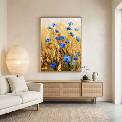 Blue Cornflower Wheat Field Framed Wall Art Canvas Print – Rustic Summer Meadow Floral Artwork for Farmhouse