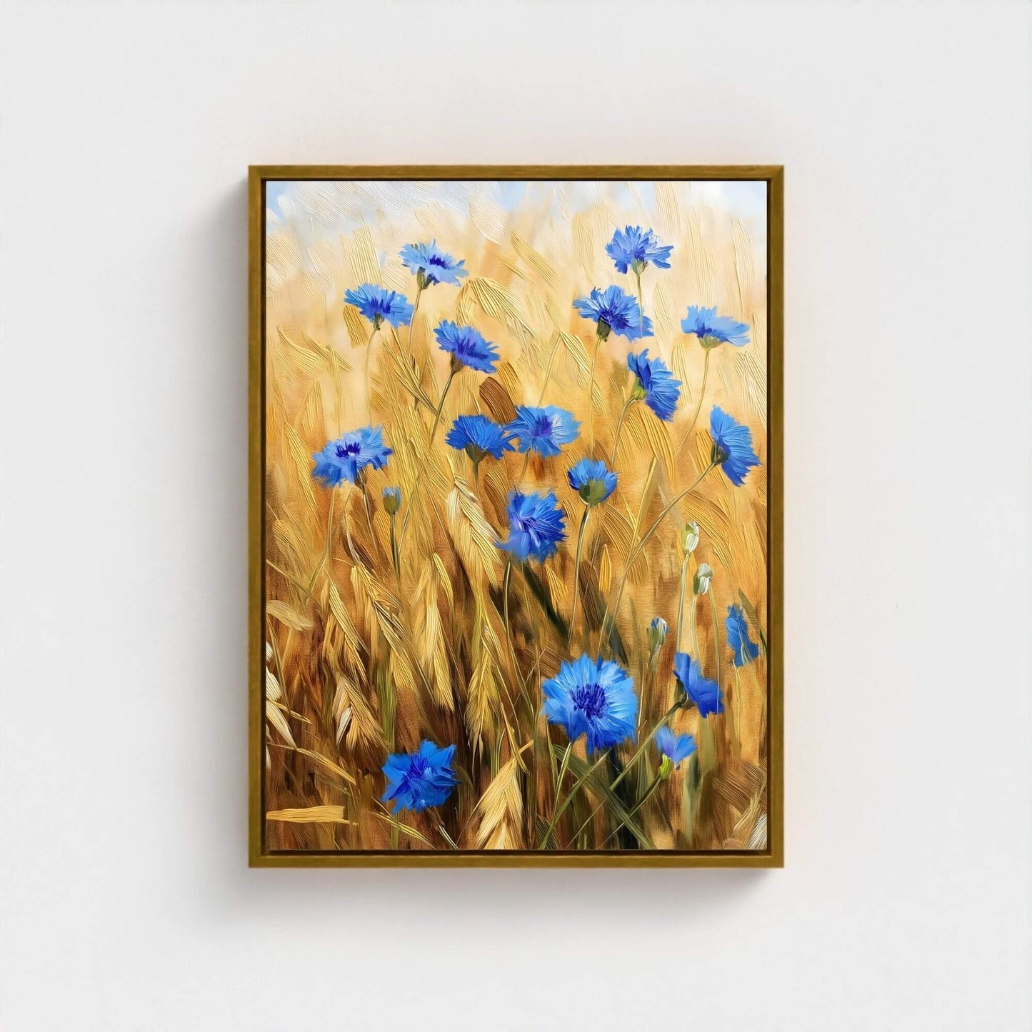 Blue Cornflower Wheat Field Framed Wall Art Canvas Print – Rustic Summer Meadow Floral Artwork for Farmhouse