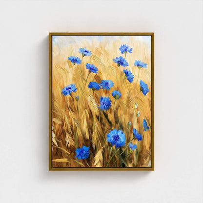 Blue Cornflower Wheat Field Framed Wall Art Canvas Print – Rustic Summer Meadow Floral Artwork for Farmhouse
