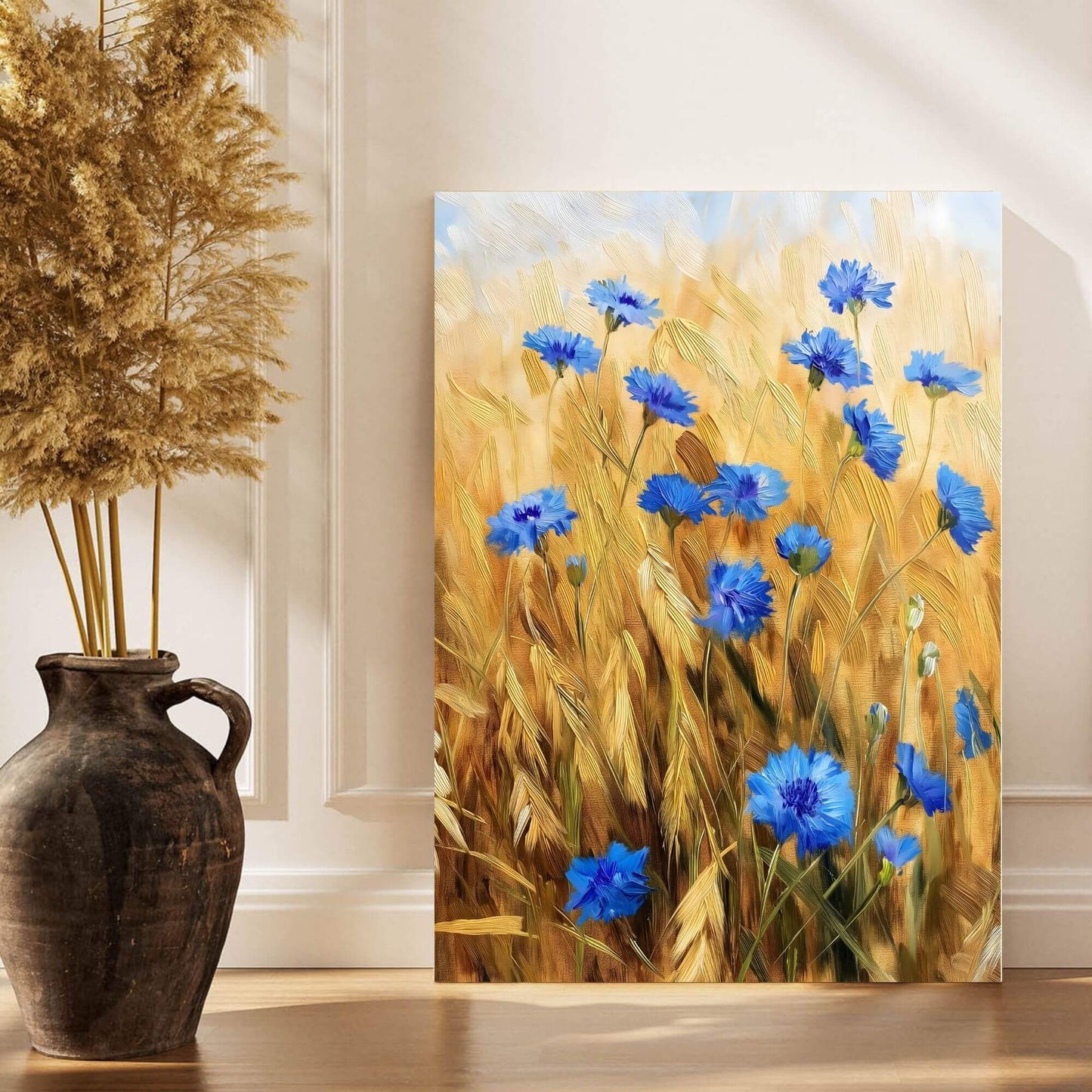 Blue Cornflower Wheat Field Framed Wall Art Canvas Print – Rustic Summer Meadow Floral Artwork for Farmhouse