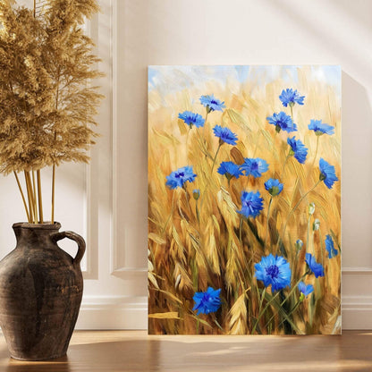 Blue Cornflower Wheat Field Framed Wall Art Canvas Print – Rustic Summer Meadow Floral Artwork for Farmhouse