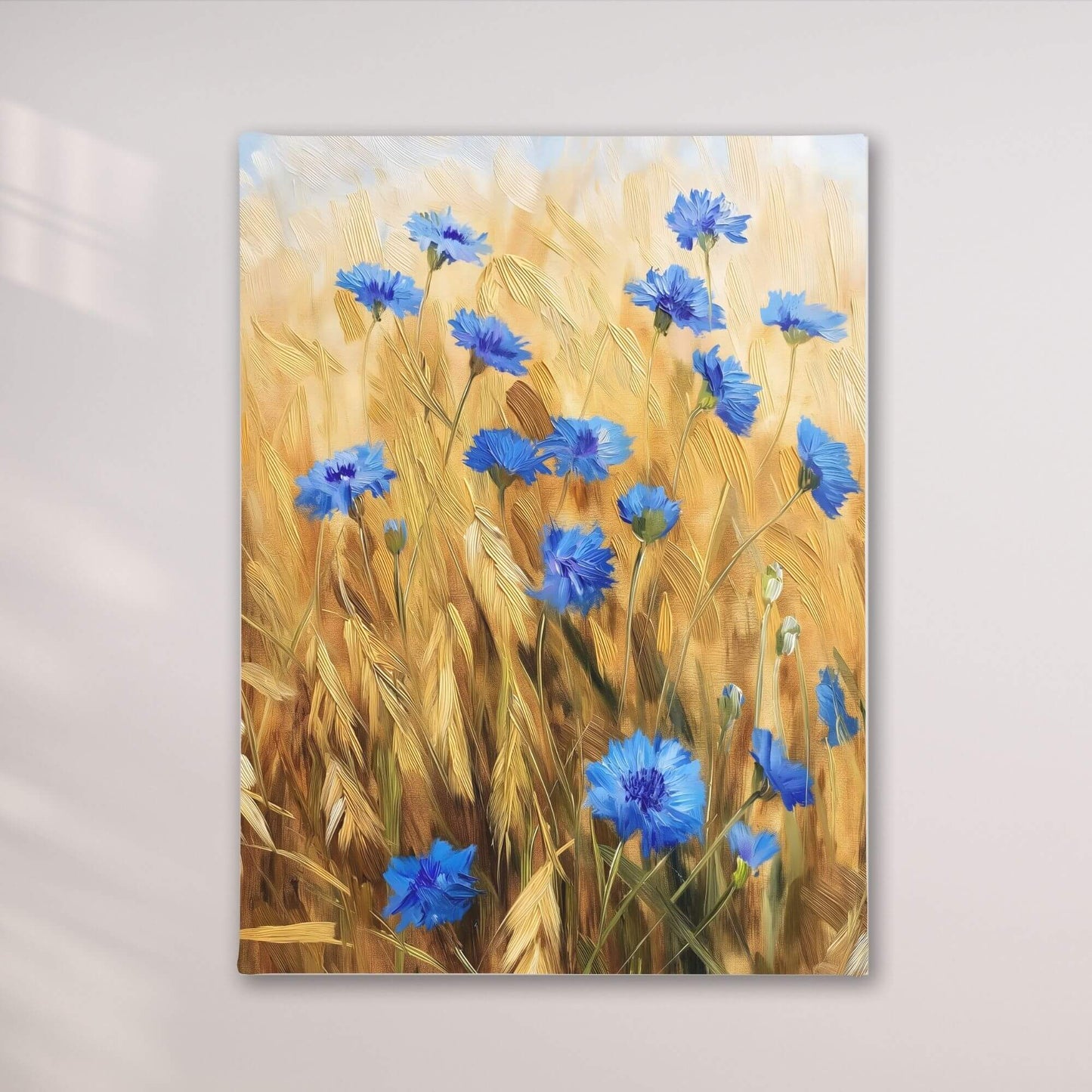 Blue Cornflower Wheat Field Framed Wall Art Canvas Print – Rustic Summer Meadow Floral Artwork for Farmhouse