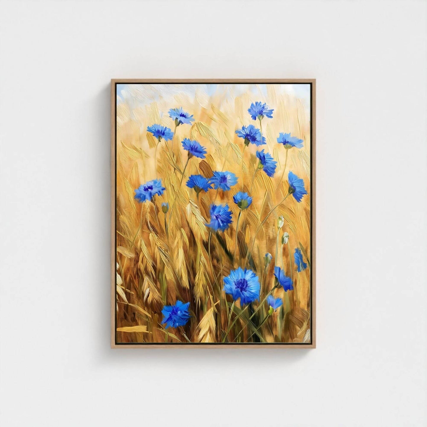 Blue Cornflower Wheat Field Framed Wall Art Canvas Print – Rustic Summer Meadow Floral Artwork for Farmhouse