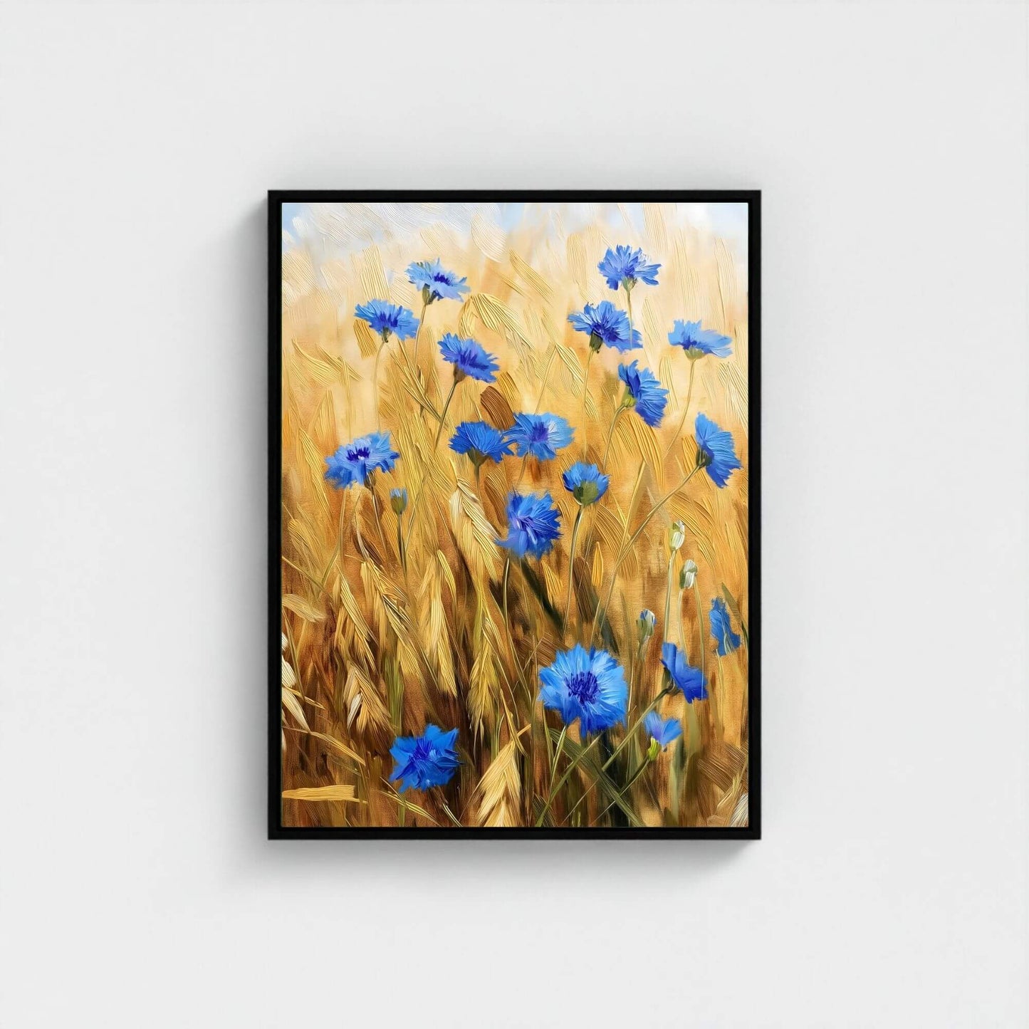 Blue Cornflower Wheat Field Framed Wall Art Canvas Print – Rustic Summer Meadow Floral Artwork for Farmhouse