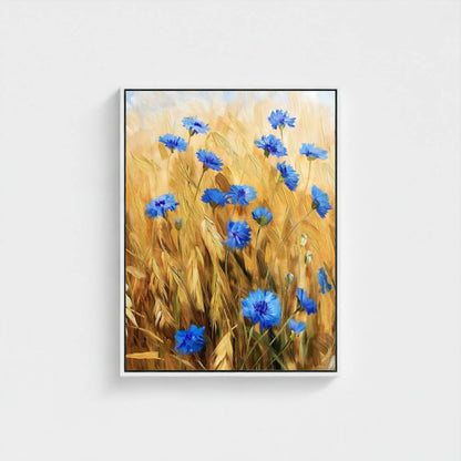 Blue Cornflower Wheat Field Framed Wall Art Canvas Print – Rustic Summer Meadow Floral Artwork for Farmhouse