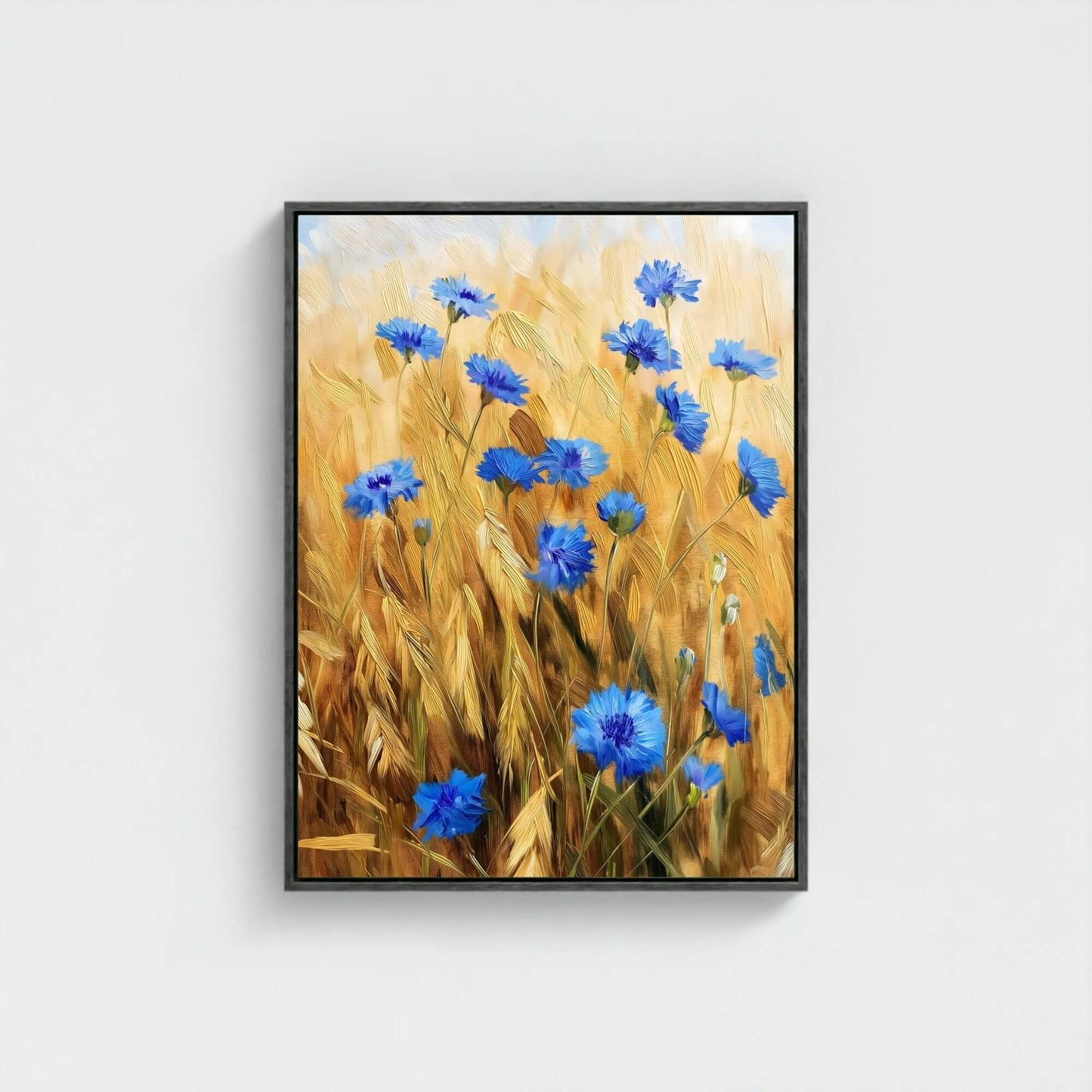 Blue Cornflower Wheat Field Framed Wall Art Canvas Print – Rustic Summer Meadow Floral Artwork for Farmhouse