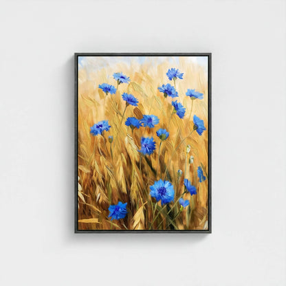 Blue Cornflower Wheat Field Framed Wall Art Canvas Print – Rustic Summer Meadow Floral Artwork for Farmhouse
