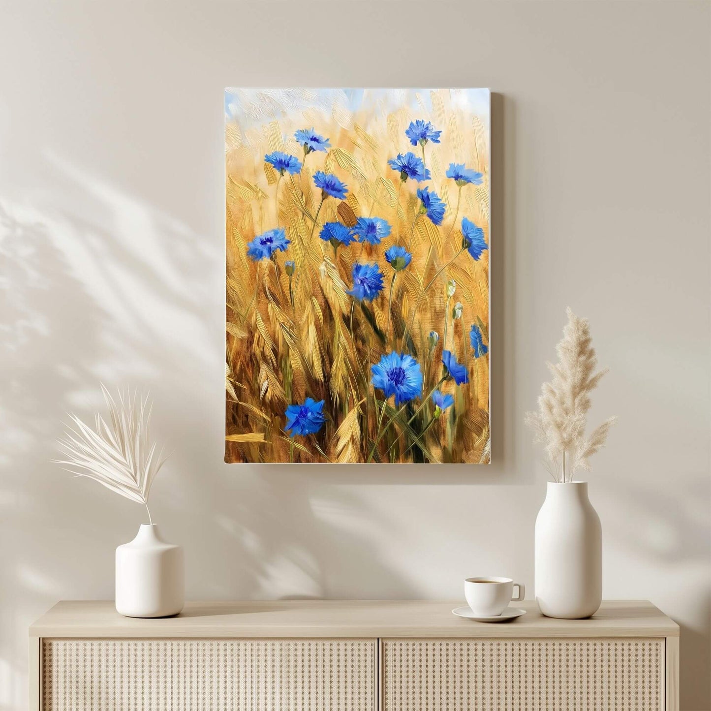 Blue Cornflower Wheat Field Framed Wall Art Canvas Print – Rustic Summer Meadow Floral Artwork for Farmhouse