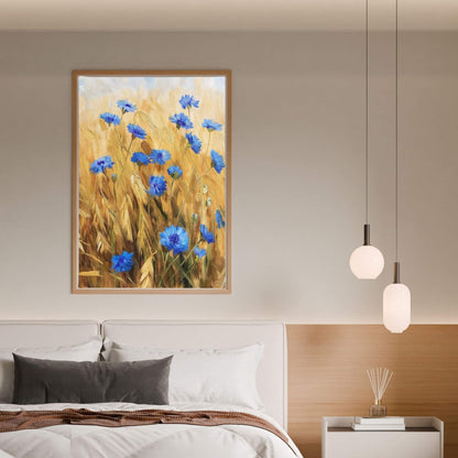Blue Cornflower Wheat Field Framed Wall Art Canvas Print – Rustic Summer Meadow Floral Artwork for Farmhouse