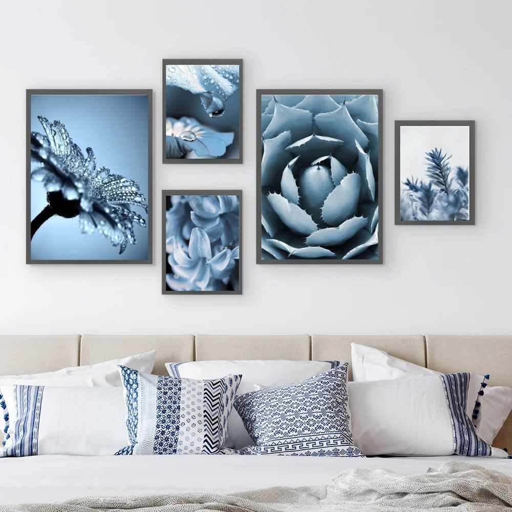 Blue Dandelion Dewdrop Lily Canvas Prints Botanical Floral Wall Art Gallery Wall Art Set Of 5 Posters For Modern Living Room