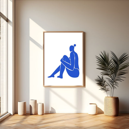 Blue Minimalist Female Figure Framed Wall Art Canvas Print – Modern Abstract Body Silhouette Artwork for Contemporary Home Decor