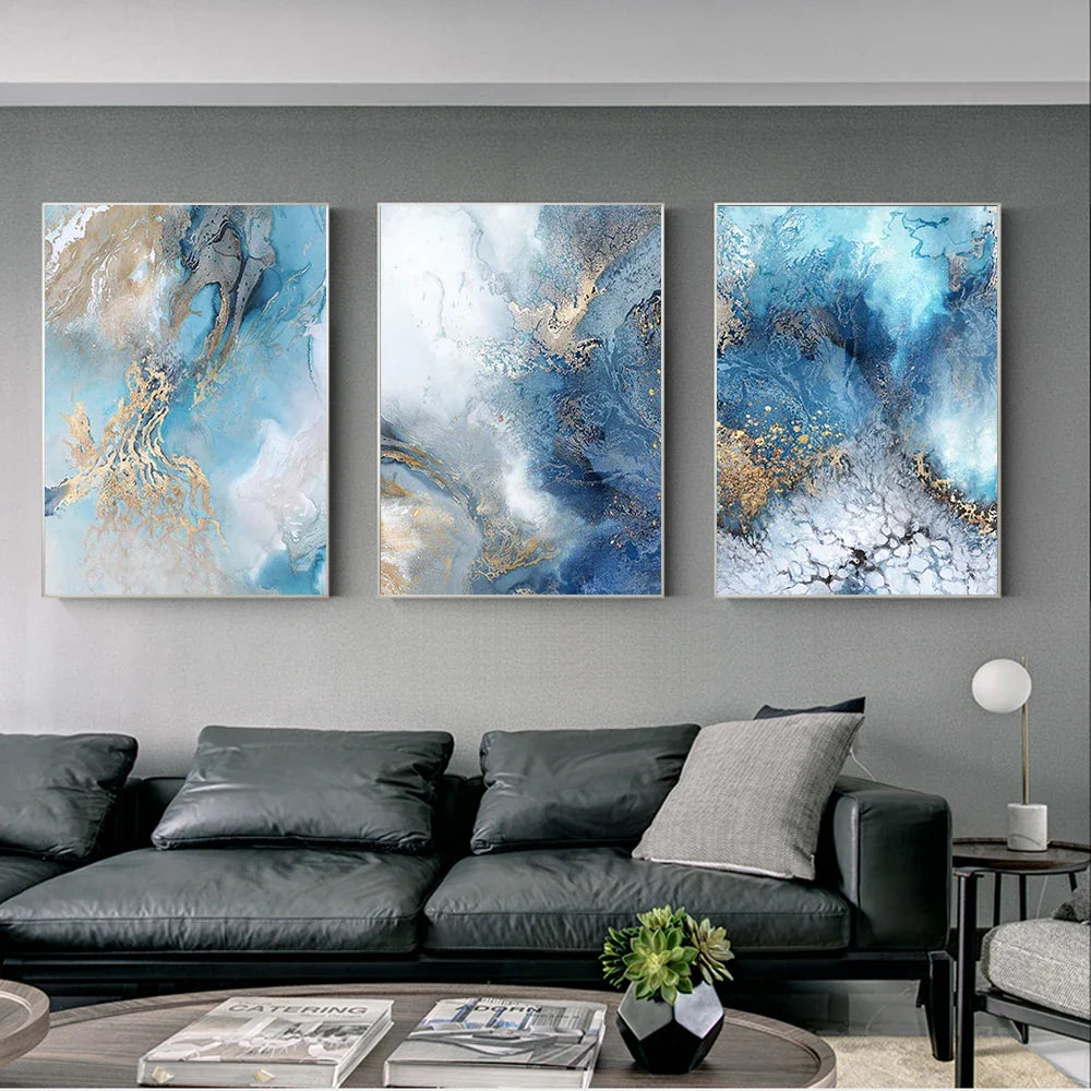 Blue Golden Abstract Marble Modern Wall Art Canvas Prints For Living Room Bedroom Office Decor