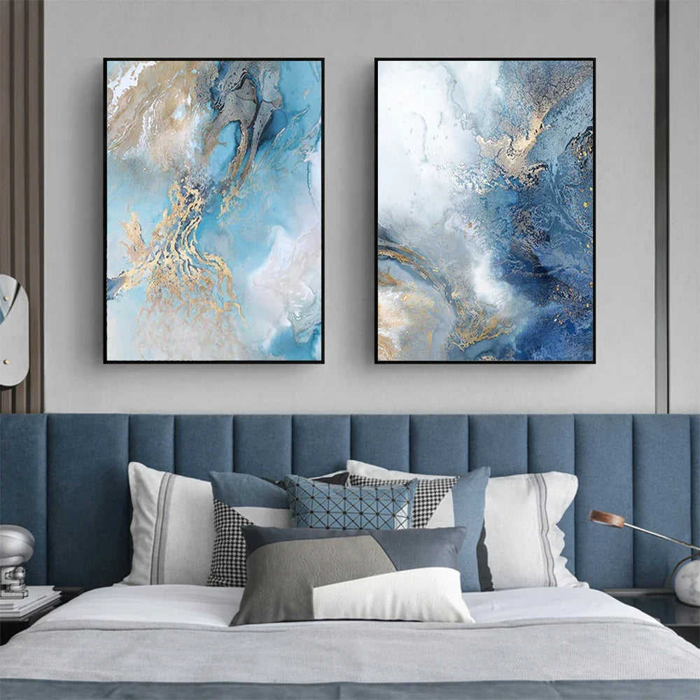 Blue Golden Abstract Marble Modern Wall Art Canvas Prints For Living Room Bedroom Office Decor