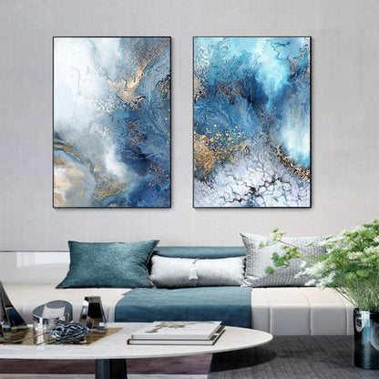 Blue Golden Abstract Marble Modern Wall Art Canvas Prints For Living Room Bedroom Office Decor