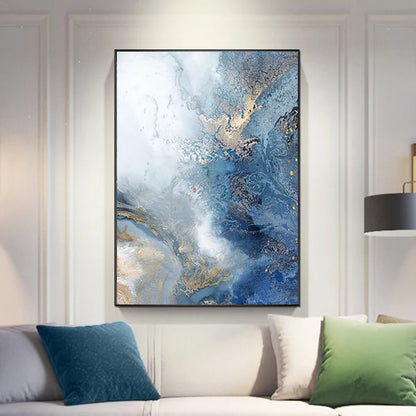 Blue Golden Abstract Marble Modern Wall Art Canvas Prints For Living Room Bedroom Office Decor
