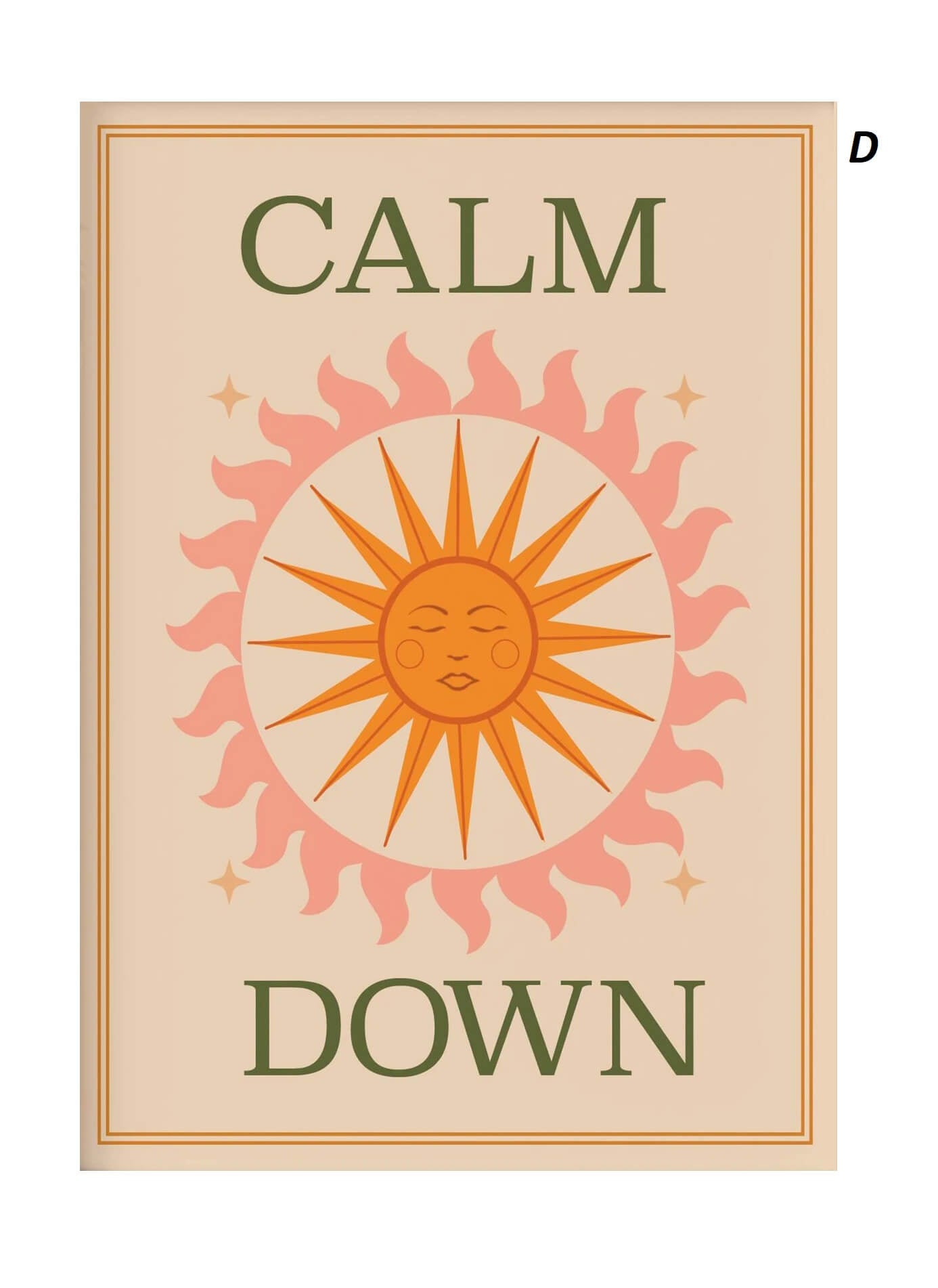 Poster with a sun illustration and 'Calm Down' text on a beige background