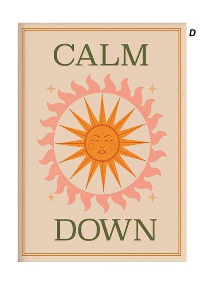 Poster with a sun illustration and 'Calm Down' text on a beige background
