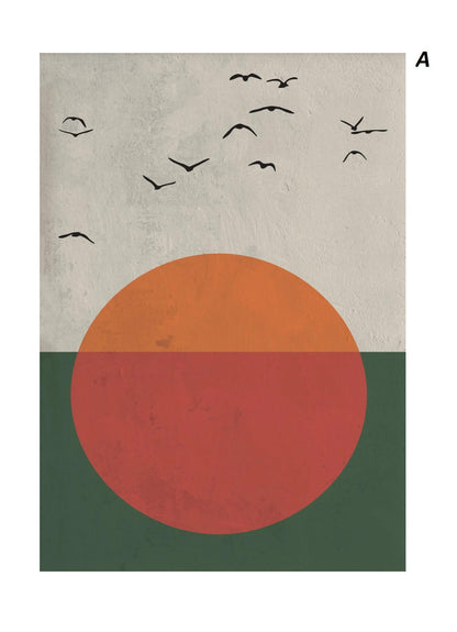 Simplified design with a large red circle, orange circle, and green rectangle on a textured beige background with black bird silhouettes.