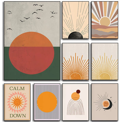 Bohemian Sun Wall Art Mid Century Modern Boho Sun Canvas Print for Living Room Bedroom Decor