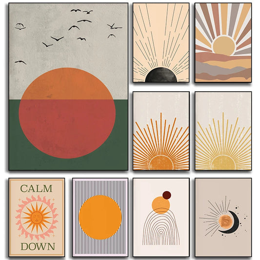 Bohemian Sun Wall Art Mid Century Modern Boho Sun Canvas Print for Living Room Bedroom Decor