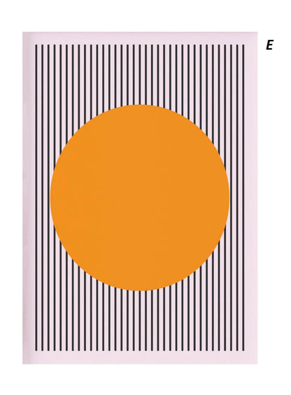 Poster with a large orange circle on a background of black vertical stripes.