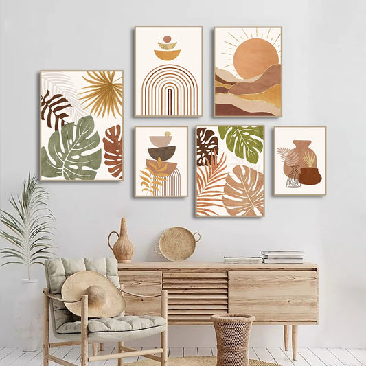 Boho Abstract Sun Leaves Aesthetic Wall Art Canvas Prints For Bohemian Living Room Bedroom Home Wall Decor