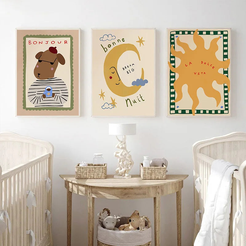 Boho Sun and Moon Animal Canvas Print for Nursery Whimsical Cartoon Illustration Wall Art for Baby Room Decor