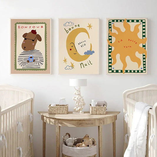Boho Sun and Moon Animal Canvas Print for Nursery Whimsical Cartoon Illustration Wall Art for Baby Room Decor