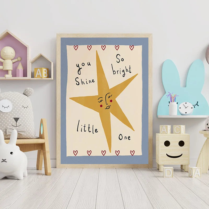 Boho Sun and Moon Animal Canvas Print for Nursery Whimsical Cartoon Illustration Wall Art for Baby Room Decor