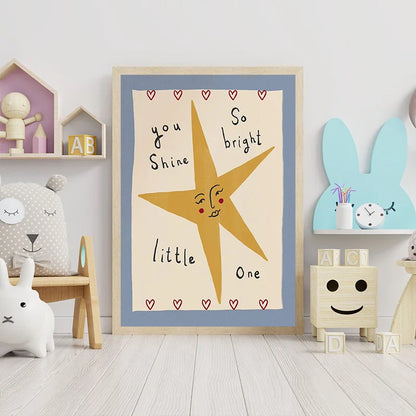 Boho Sun and Moon Animal Canvas Print for Nursery Whimsical Cartoon Illustration Wall Art for Baby Room Decor