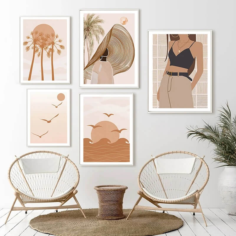 Boho Abstract Sea Beach Landscape Girl Canvas Prints Nordic Wall Art Posters Pictures Above Sofa For Modern Living Room Décor