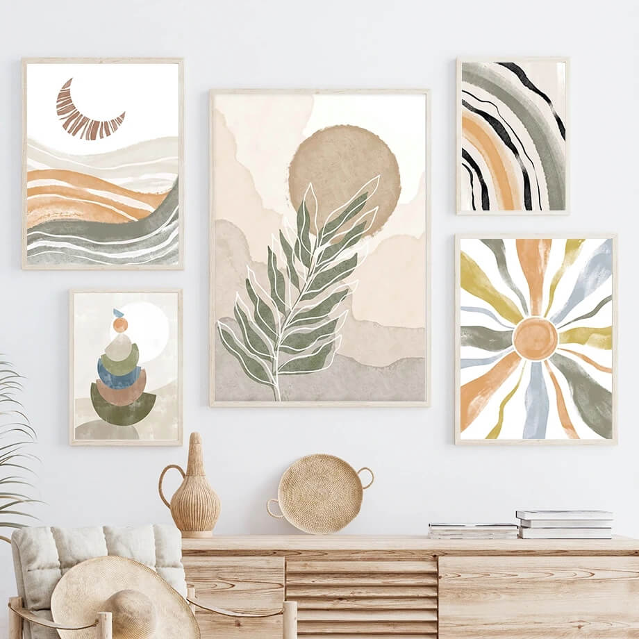 Boho Minimalist Beach Monstera Leaf Sun Rainbow Canvas Prints Abstract Large Wall Art Neutral Posters For Living Room Décor