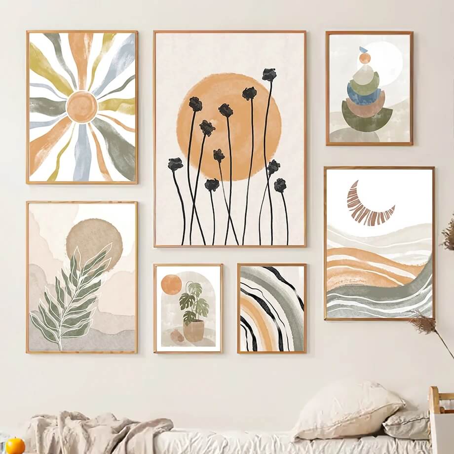 Boho Minimalist Beach Monstera Leaf Sun Rainbow Canvas Prints Abstract Large Wall Art Neutral Posters For Living Room Décor