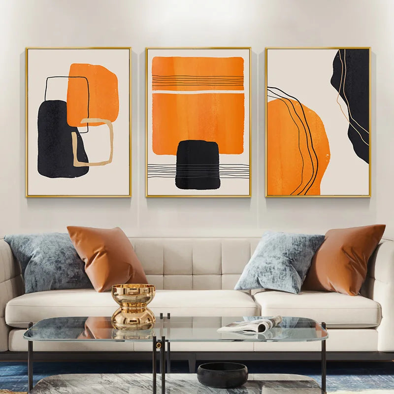 Bold Orange Beige Black Mosaic Abstract Wall Art Canvas Prints Pictures For Modern Apartment Living Room Art