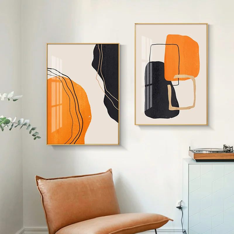 Bold Orange Beige Black Mosaic Abstract Wall Art Canvas Prints Pictures For Modern Apartment Living Room Art
