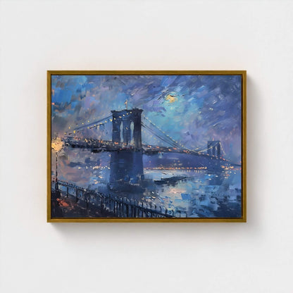 Brooklyn Bridge Night Cityscape Impressionist Style Framed Wall Art Canvas Print- Night New York Wall Art