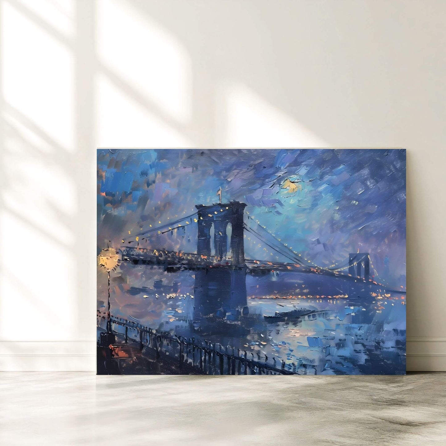 Painting of a bridge over water with a starry night sky.