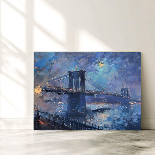Painting of a bridge over water with a starry night sky.