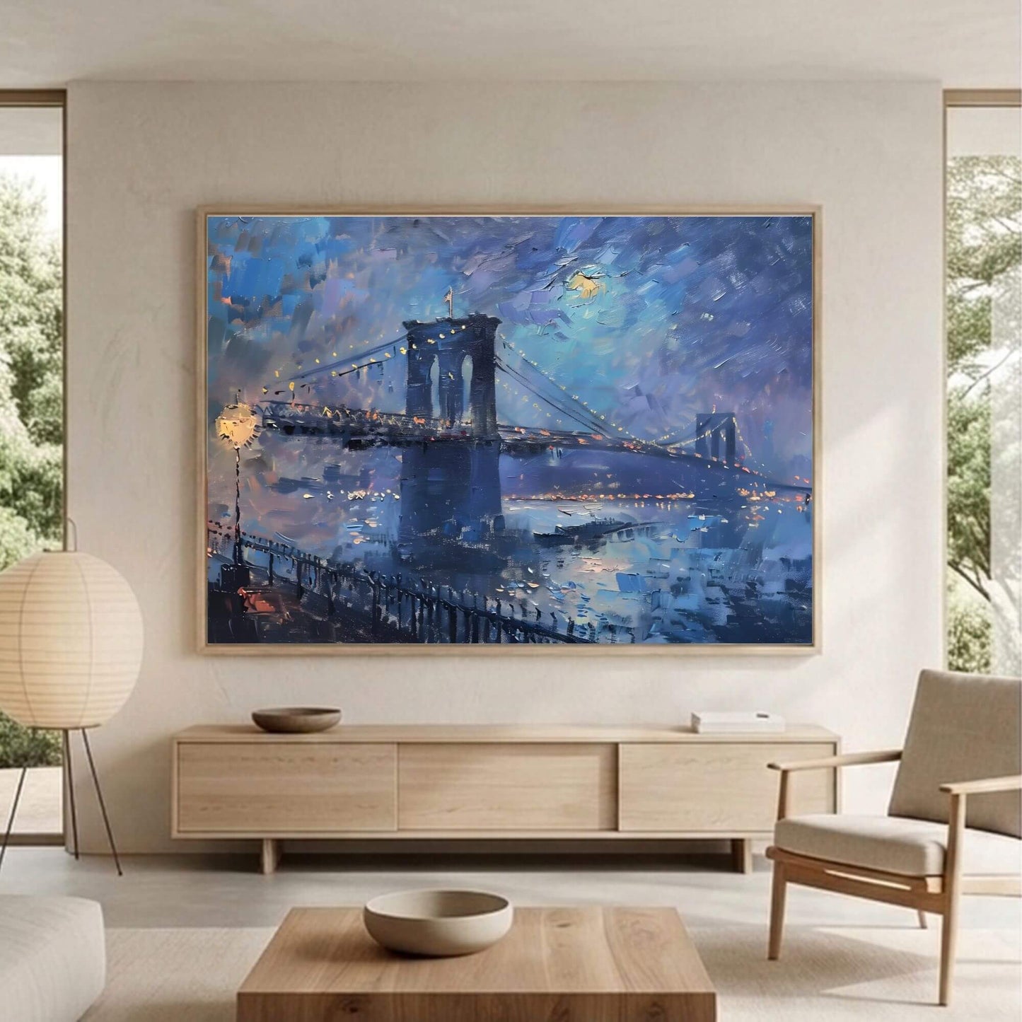 Brooklyn Bridge Night Cityscape Impressionist Style Framed Wall Art Canvas Print- Night New York Wall Art