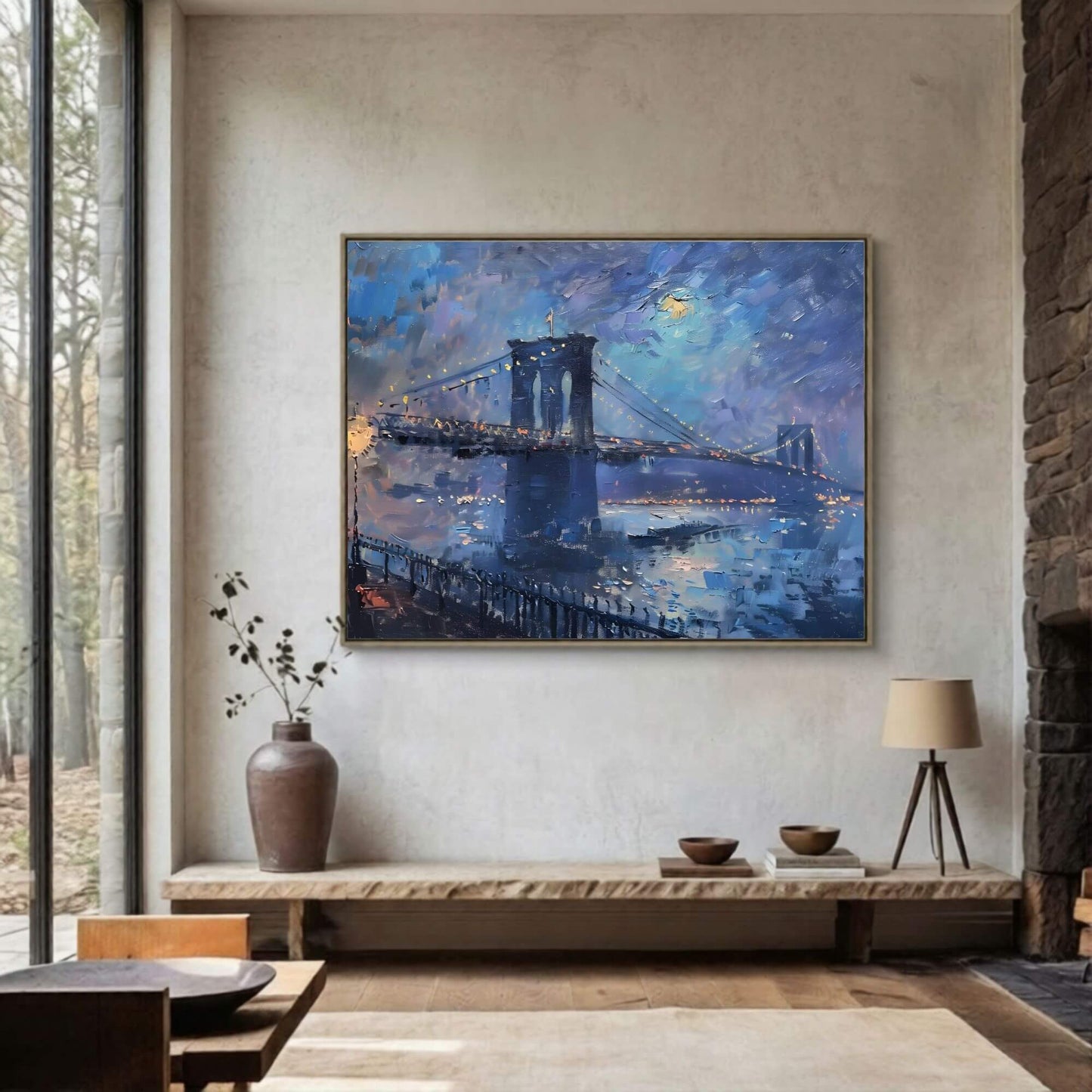 Brooklyn Bridge Night Cityscape Impressionist Style Framed Wall Art Canvas Print- Night New York Wall Art