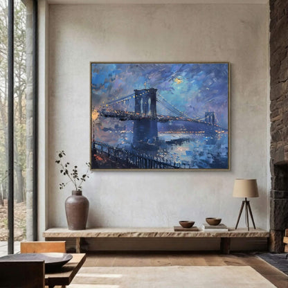 Brooklyn Bridge Night Cityscape Impressionist Style Framed Wall Art Canvas Print- Night New York Wall Art