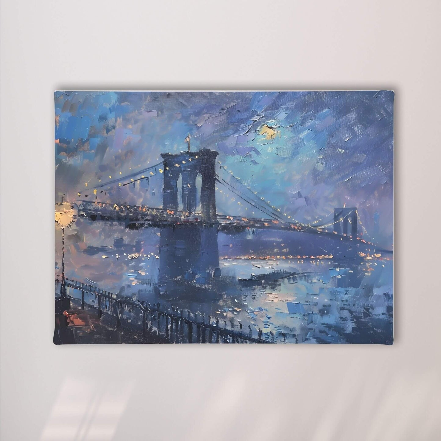 Brooklyn Bridge Night Cityscape Impressionist Style Framed Wall Art Canvas Print- Night New York Wall Art